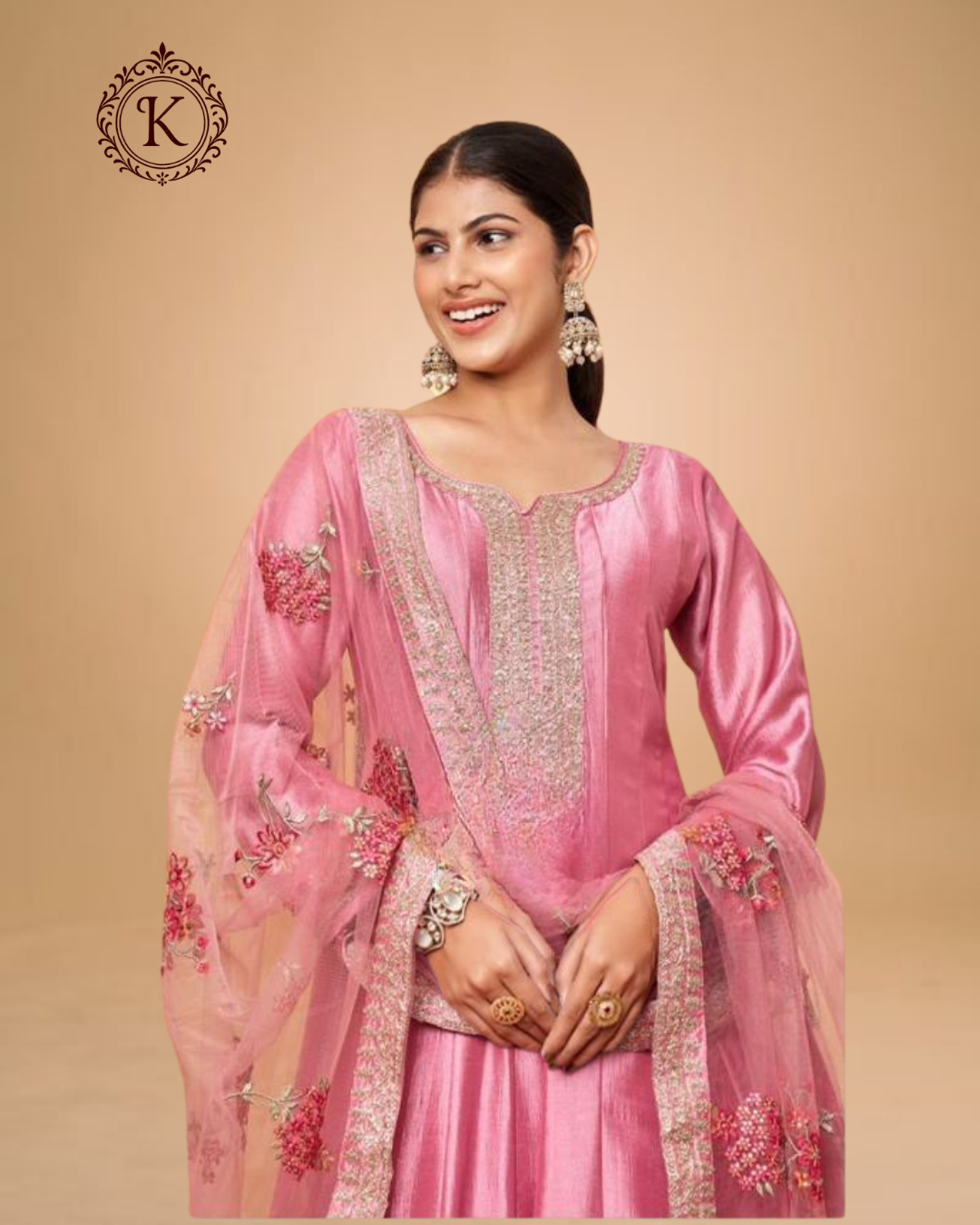 Dusty Rose Silk Embroidered Anarkali Set