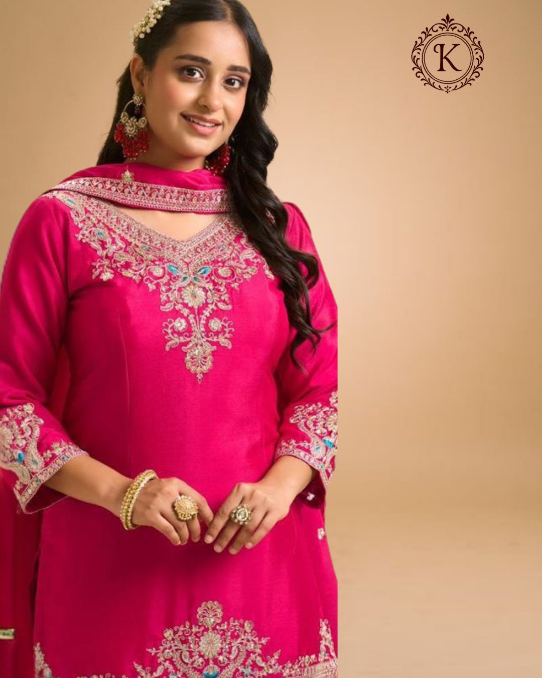 Fuchsia Pink Heavy Embroidered Palazzo Suit