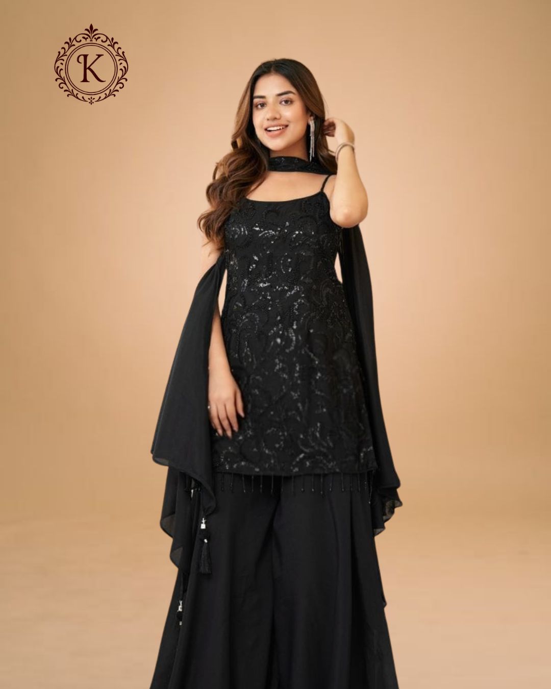 Indo Western Black Sequin Cape Set