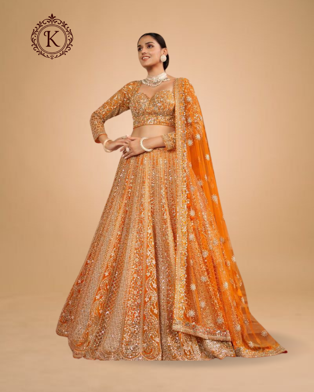 Tangerine Orange Sequin Bridal Lehenga