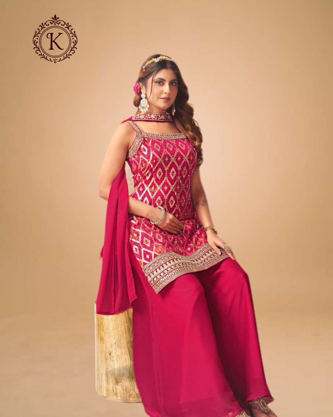 Wine Pink Geometric Embroidered Suit