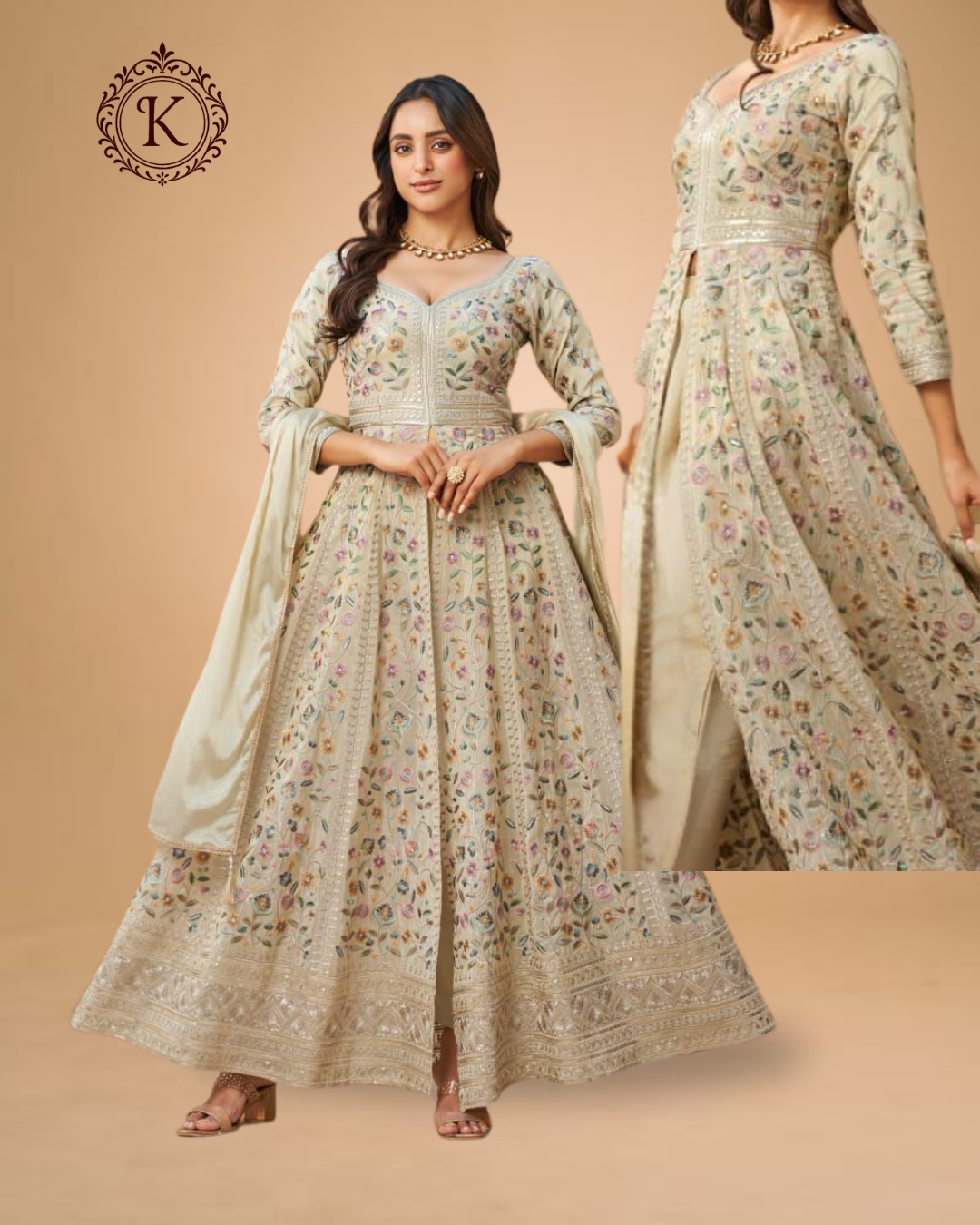 Ivory Multi-Thread Embroidered Anarkali Gown