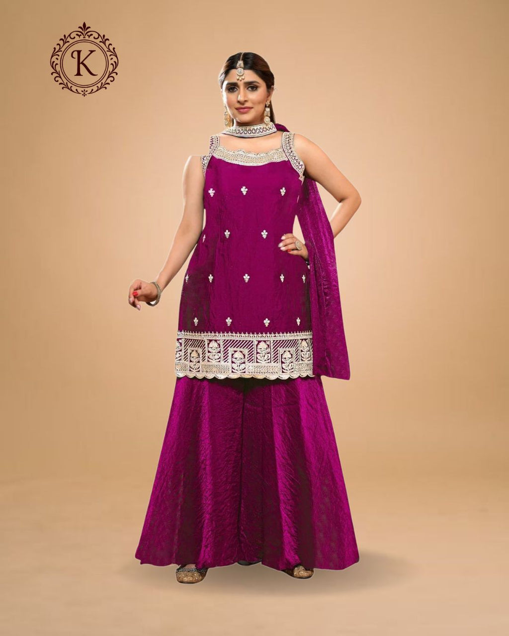 Plum Raw Silk Mirror Work Suit