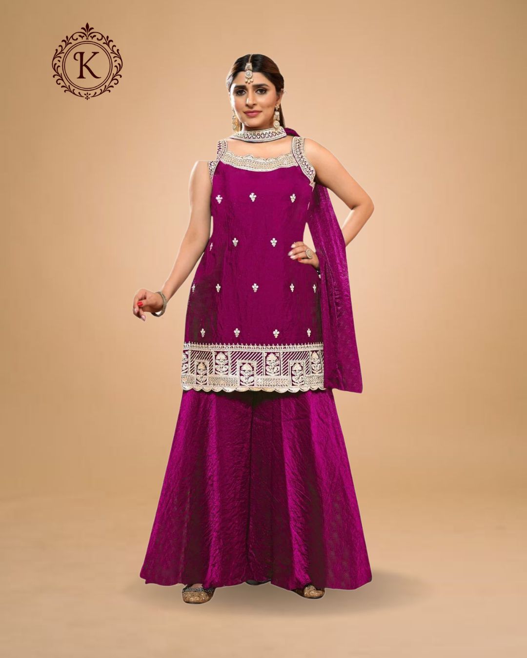 Plum Raw Silk Mirror Work Suit