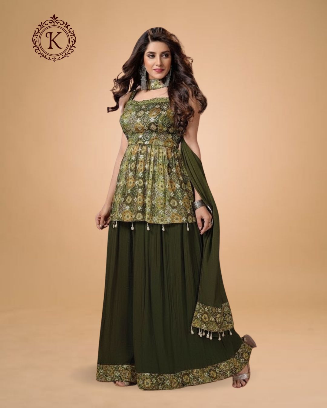 Indo Western Olive Jacquard Sharara Set
