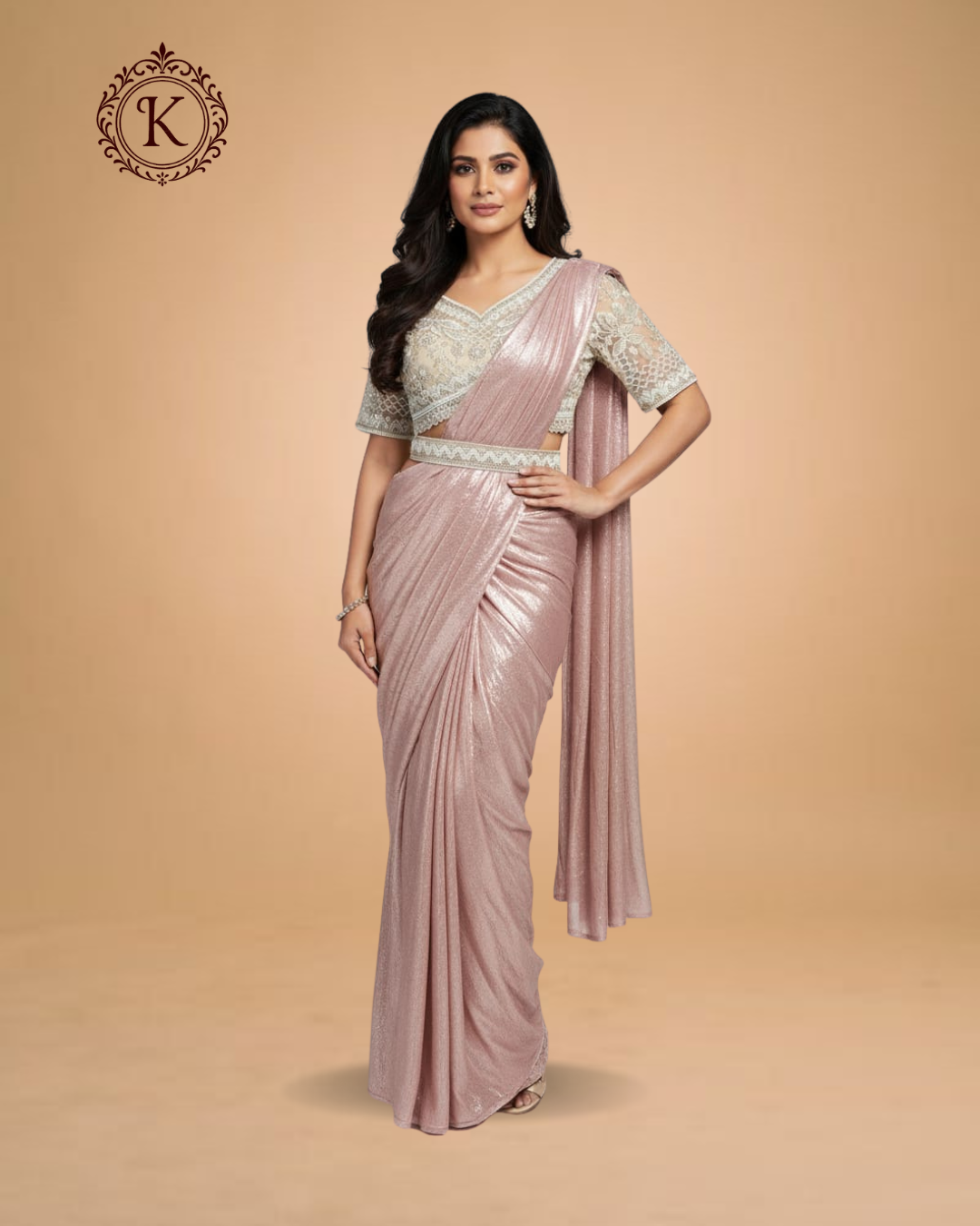 Blush Pink Shimmer Lace Designer Saree