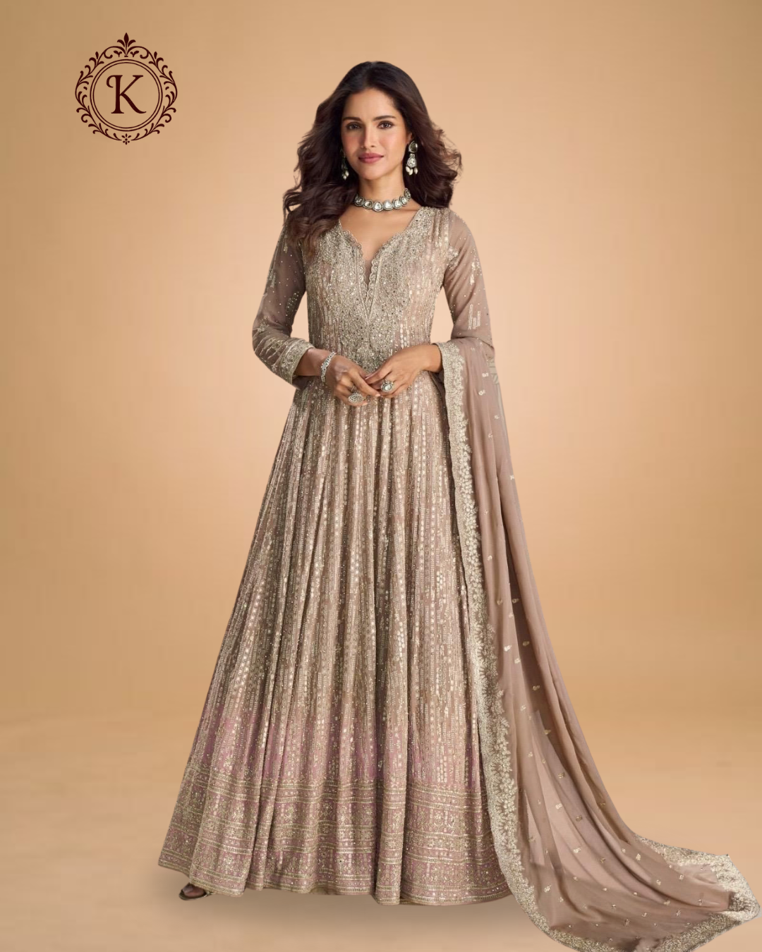 Champagne Gold Sequined Embroidered Anarkali