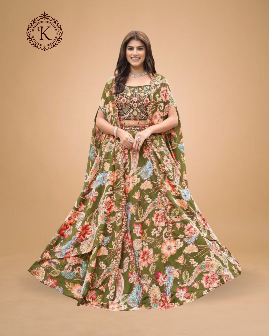 Indo Western Olive Floral Cape Set