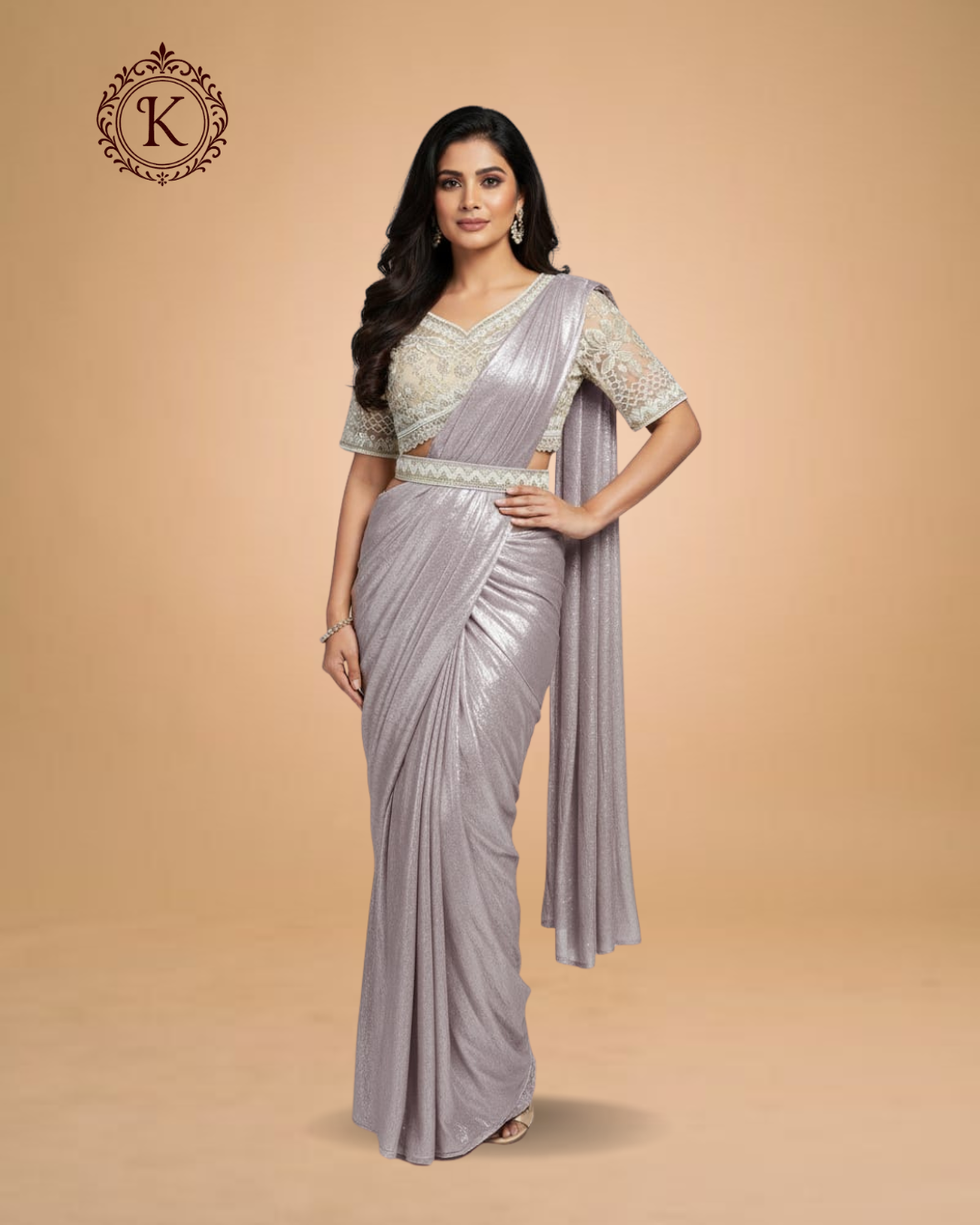 Silver Lilac Shimmer Lace Designer Saree