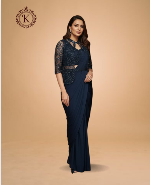 Navy Blue Sequin Jacket Saree
